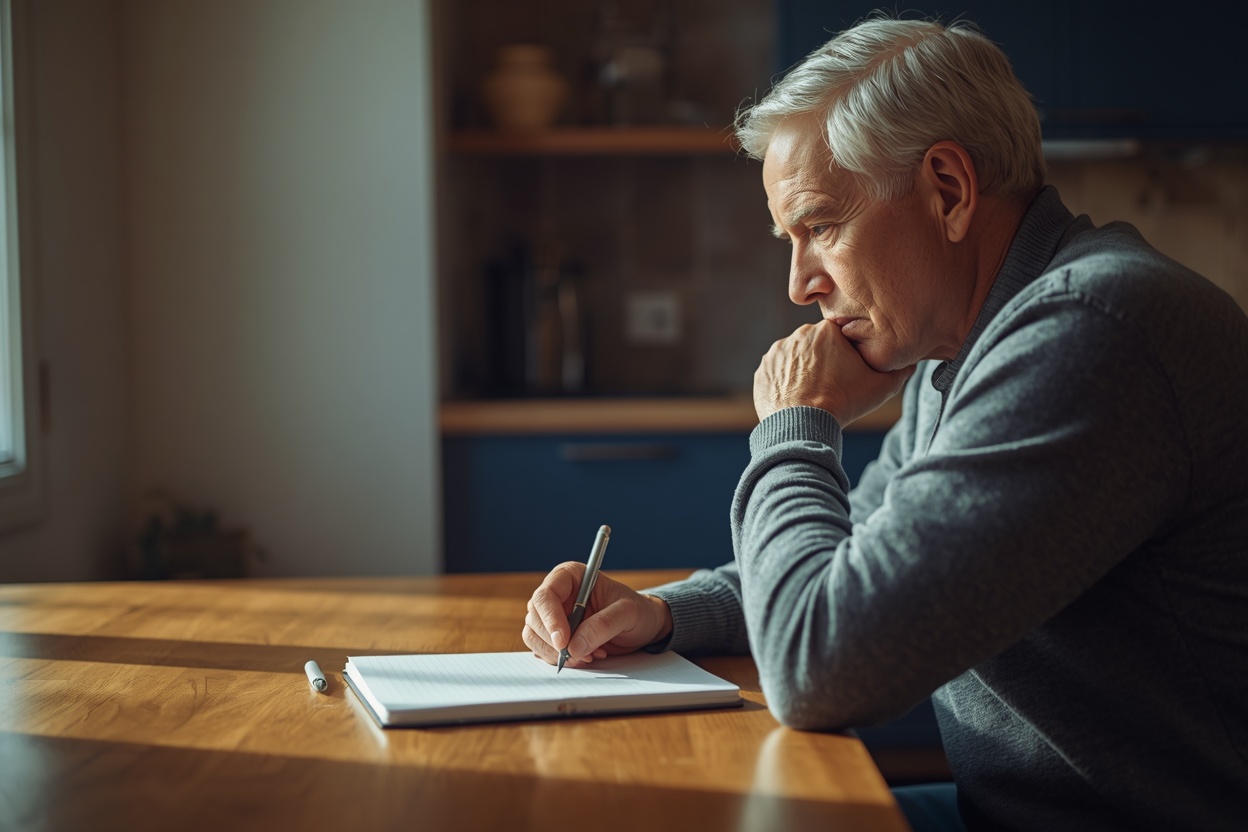 Thoughtful man in his sixties pausing with a notepad and pen in a sunlit kitchen