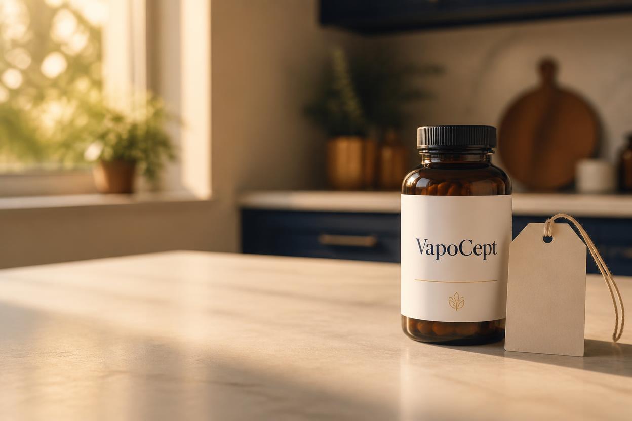 VapoCept supplement bottle with a plain price tag on a bright counter