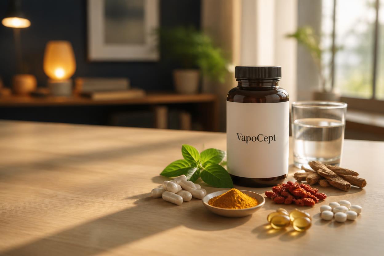 VapoCept supplement bottle with seven-ingredient label beside a glass of water on a desk