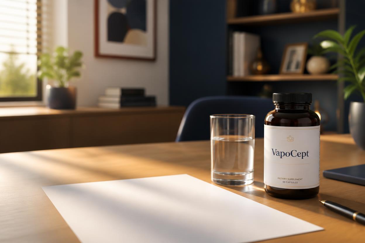 VapoCept supplement bottle next to a glass of water and a note tracking daily doses and symptoms