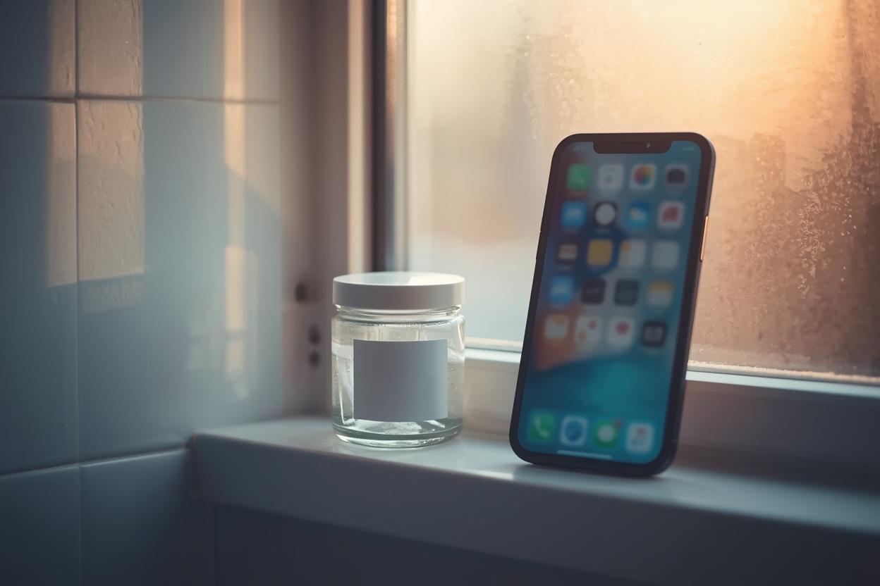Jar of Vicks VapoRub on a bathroom shelf next to a smartphone showing social media