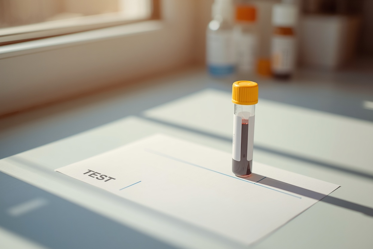 Vitamin B12 blood test vial with yellow cap on a laboratory counter next to a test order form